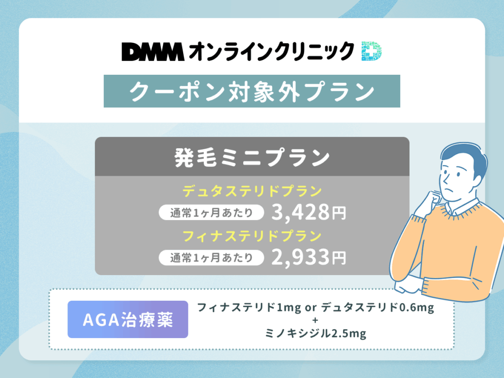 DMMのAGA発毛ミニプランは割引クーポン対象外で通常料金でも1ヶ月あたり2,933円〜8,360円